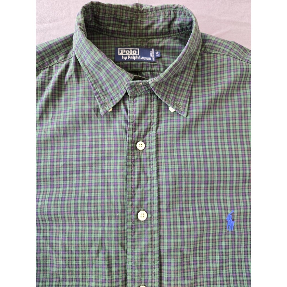 Vintage Polo Ralph Lauren Green Checker Plaid Button Up Shirt M Sz L Y2K Preppy - Picture 9 of 16